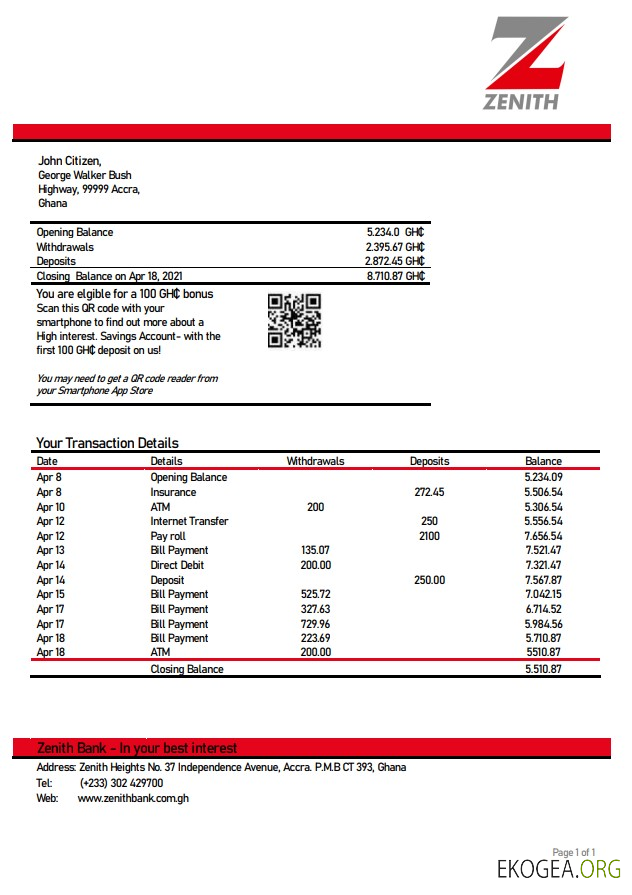 Ghana Zenith justificatif de domicile relevé bancaire